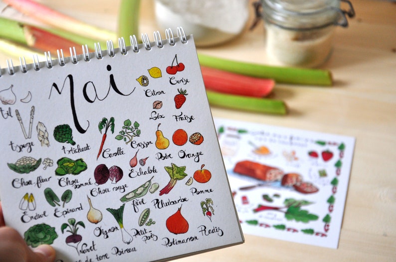 May include: A white spiral bound notebook with the word "Mai" written in black cursive. The notebook is filled with hand-drawn illustrations of fruits and vegetables, with their names written in French below each image. The fruits and vegetables include cherries, lemons, strawberries, asparagus, cauliflower, cabbage, radishes, pears, oranges, apples, and rhubarb.