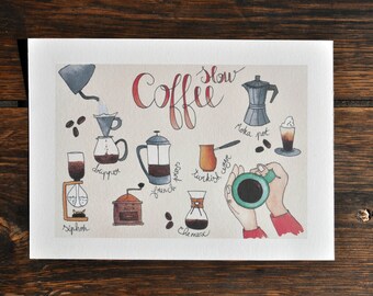 Illustration aquarelle - Slow coffee - Café - Impression d'art, fine art
