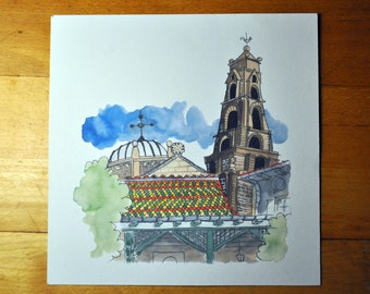 Le Puy-en-Velay, la cathédrale depuis le Camino -aquarelle, impression fine art-