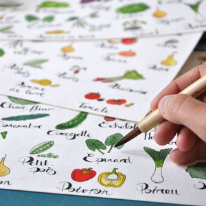 May include: A hand holding a paintbrush over a sheet of paper with hand-drawn illustrations of vegetables and their names in French. The vegetables include a carrot, onion, tomato, eggplant, and spinach.