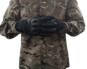 May include: Black tactical gloves with a textured grip and a velcro wrist strap.