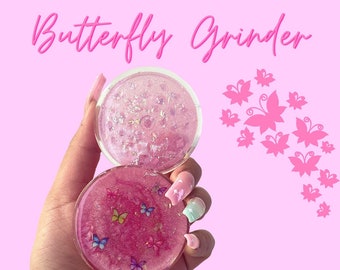 Pink Butterfly Glitter Grinder – 2-Piece Acrylic Grinder with Multicolor Butterfly Design, 60mm Sparkly Girly Grinder - Cute Grinder Pink