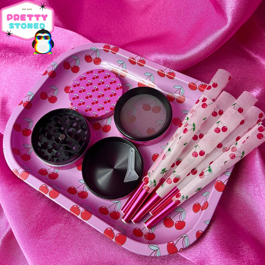 Pink Cherry Rolling Tray Gift Set With 4 Piece Metal Grinder and 8 Pre