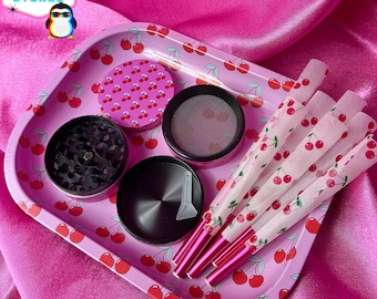 Pink Cherry Rolling Tray Gift Set with 4 Piece Metal Grinder and 8 Pre Rolled Cones -Cute Grinder Gift Set-Cute Rolling Tray - Rolling Paper