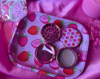 Pink Strawberry Rolling Tray Gift Set with 4 Piece Metal Grinder and 8 Pre Rolled Cones -Cute Grinder Gift Set