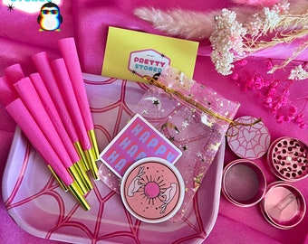 Pink Rolling Tray Gift Set with 4 Piece Metal Grinder and 8 Pre Rolled Cones | Cute Grinder Accessories - Grinder Set - Cute Grinder Gift