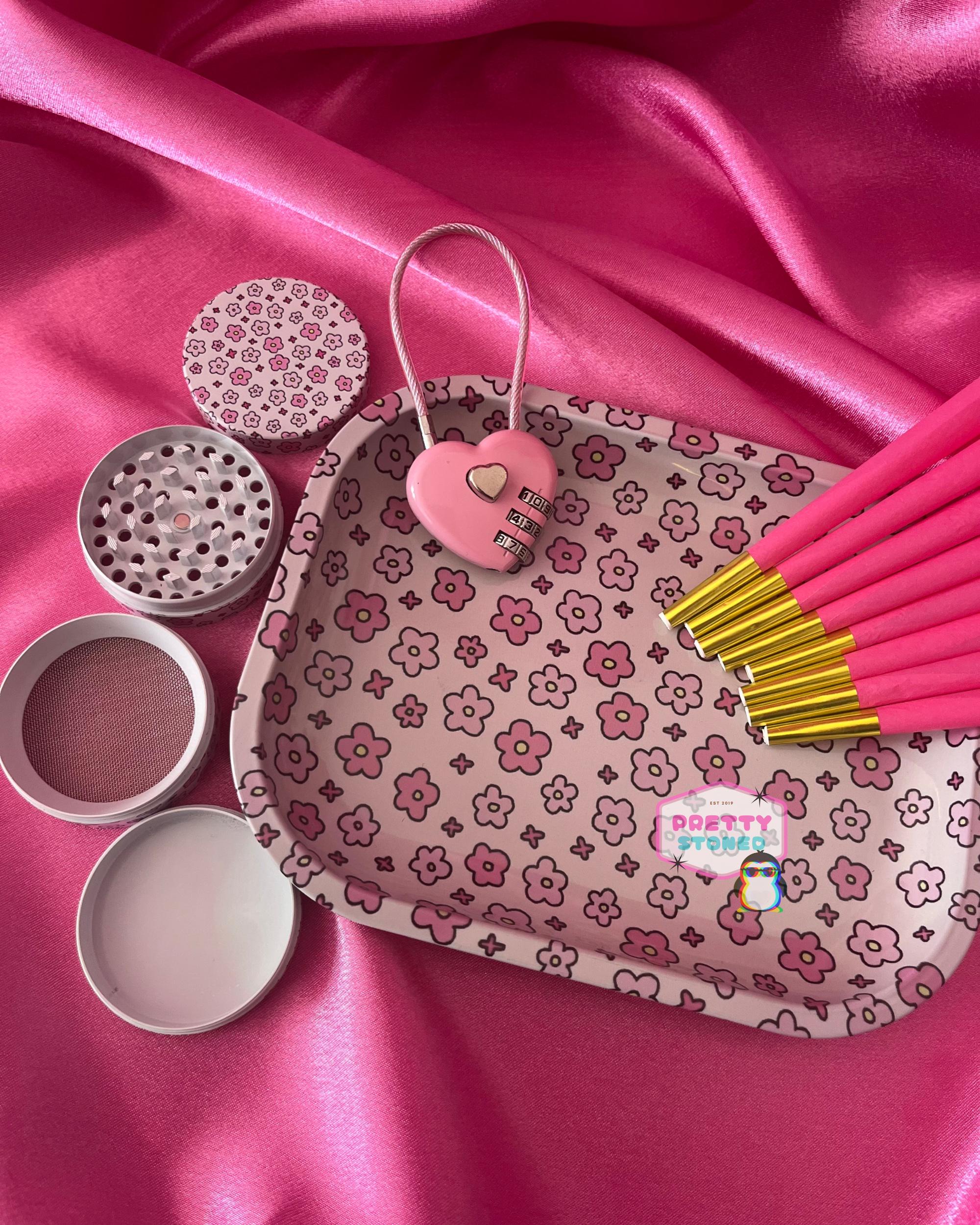 Cute Pink Flower Rolling Tray Gift Set with 4 Piece Metal Grinder and 8 Pre Rolled Cones -Cute Grinder Gift Set with Padlock