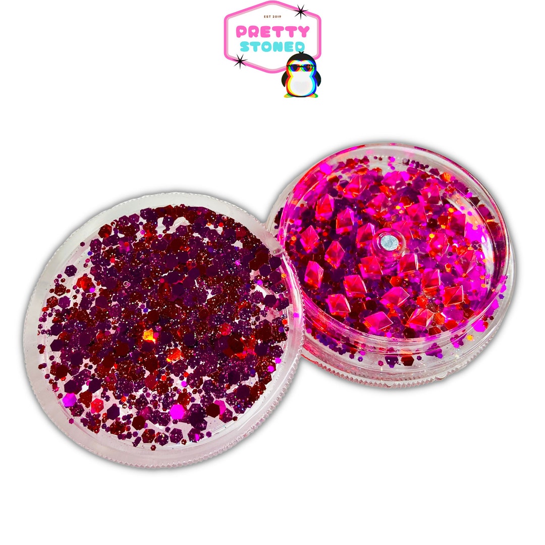 Pink Glitter Grinder, Hot Pink Smoking Accessories, 2 Piece