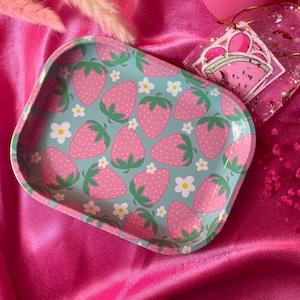 Cute Pink Strawberry Kawaii Rolling Tray - Cute Rolling Tray. - Pretty Tray Grinder Accessories - Kawaii Tray- Metal Tray - Girly Tray