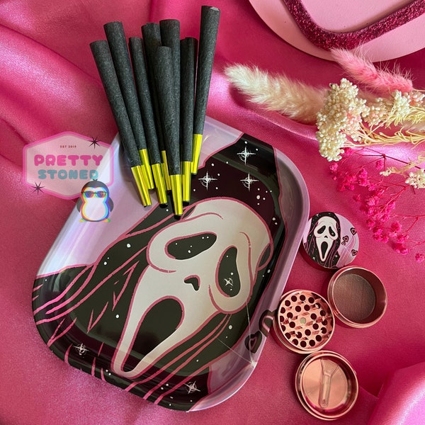 Pink Spooky Rolling Tray Gift Set with 4 Piece Metal Grinder and 8 Pre Rolled Cones | Cute Smoking Accessories