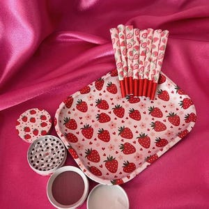 Strawberry Rolling Tray Gift Set with 4 Piece Metal Grinder and 8 Pre Rolled Cones -Cute Grinder Gift Set-Cute Rolling Tray - Rolling Paper