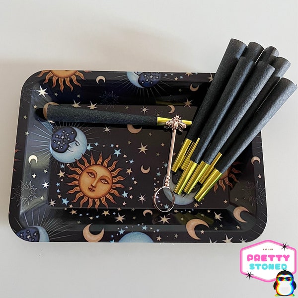 Coffret cadeau plateau roulant soleil et lune - 8 cônes noirs pré-roulés - anneau porte-cigarette - accessoires pour fumeurs