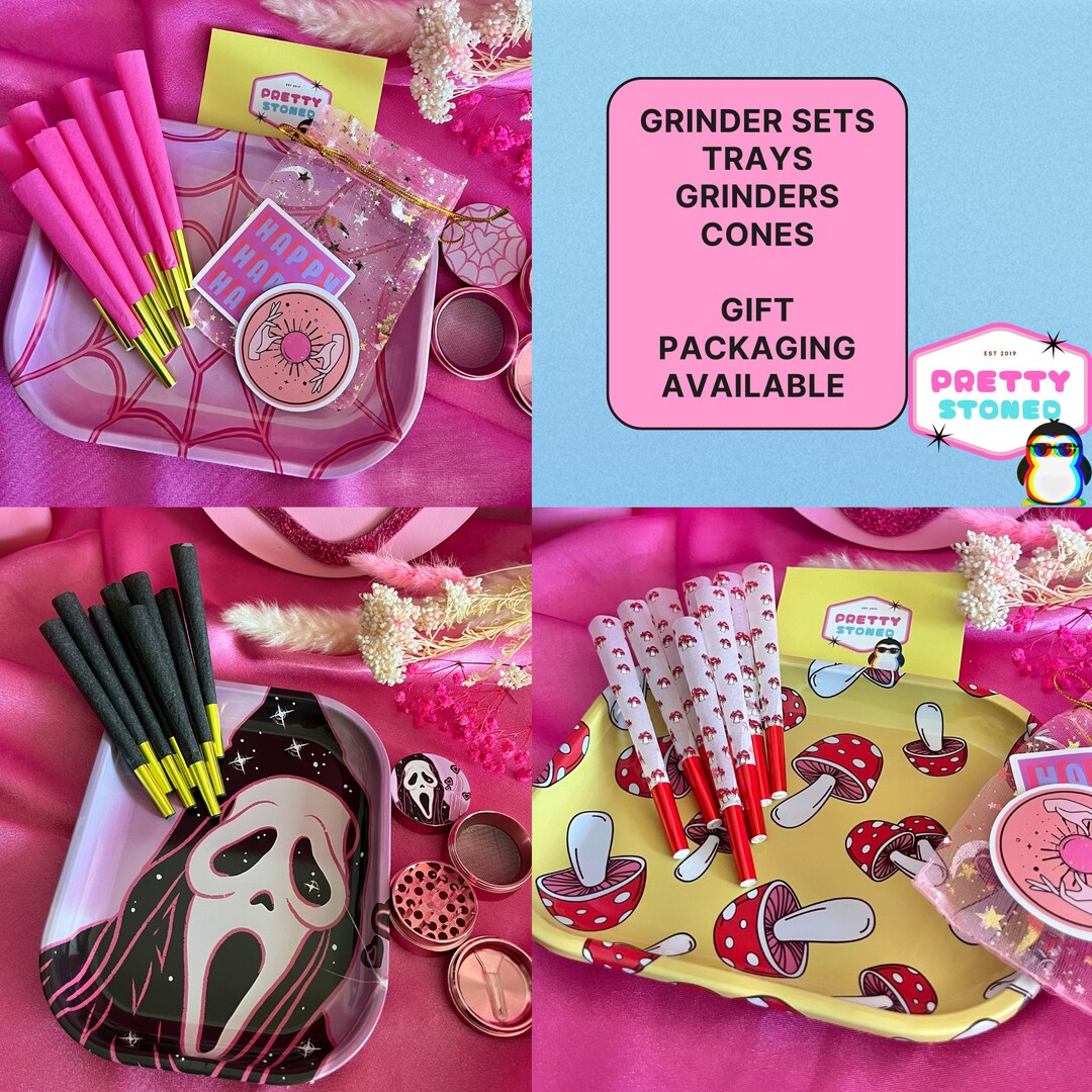 CUTE Rolling Tray Gift Set With 4 Piece Metal Grinder and 8 Pre Rolled
