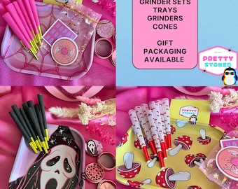 CUTE Rolling Tray Gift Set with 4 Piece Metal Grinder and 8 Pre Rolled Cones | Cute Accessories - Grinder Gift Set - Care Package