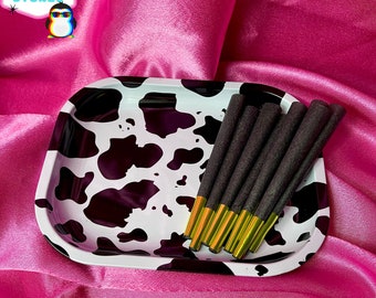 Cute Rolling Tray and Grinder Set - Cow Print Rolling Tray with Prerolled Cones - Cute Rolling Tray Giftset - Pretty Prerolled Cones