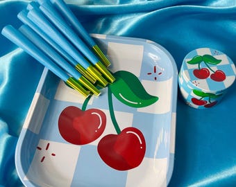 Blue Cherry Rolling Tray Gift Set with 4 Piece Metal Grinder and 8 Pre Rolled Cones -Cute Grinder Gift Set-Cute Rolling Tray - Cute Grinder