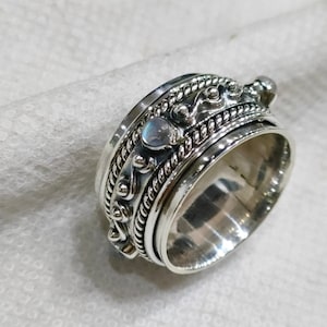 Rainbow Moonstone Spinner Ring Sterling Silver | Anxiety Spinner Band Ring | Fidget Meditation Ring for Women | Handmade Boho Jewelry