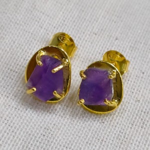 Raw Amethyst Stud Earrings, 925 Silver Gold Plated, February Birthstone Jewelry, Purple Gemstone Minimalist Studs