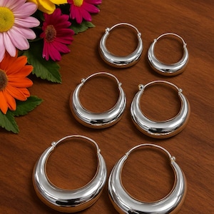 Chunky Silver Hoop Earrings | 925 Sterling Silver Thick Hoops | Minimalist Dome Earrings | Lightweight Retro Hoops | Everyday Jewelry Gift