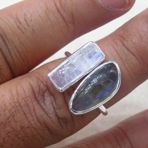 Double Gemstone Sterling Silver Ring | Labradorite & Rainbow Moonstone Adjustable Statement Ring | Handmade Boho Gift for Her