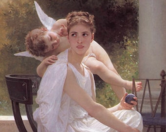 May include: A classical painting depicts a woman in a white dress seated on a dark chair, holding a ball. A cherub with wings rests on her shoulder. A woven basket sits nearby, and the background features greenery.