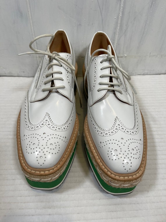 Prada White/Green Brogue Leather Platform Wingtip