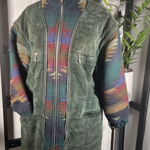 Vtg 80s Pelle NY & Milano Suede, Tribal Knit Convertible Coat AND Vest, Oversized, Small, A+EUC
