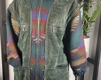 Vintage jaren 80 Pelle NY omvormbaar suède gilet van suède, tribaal gebreid