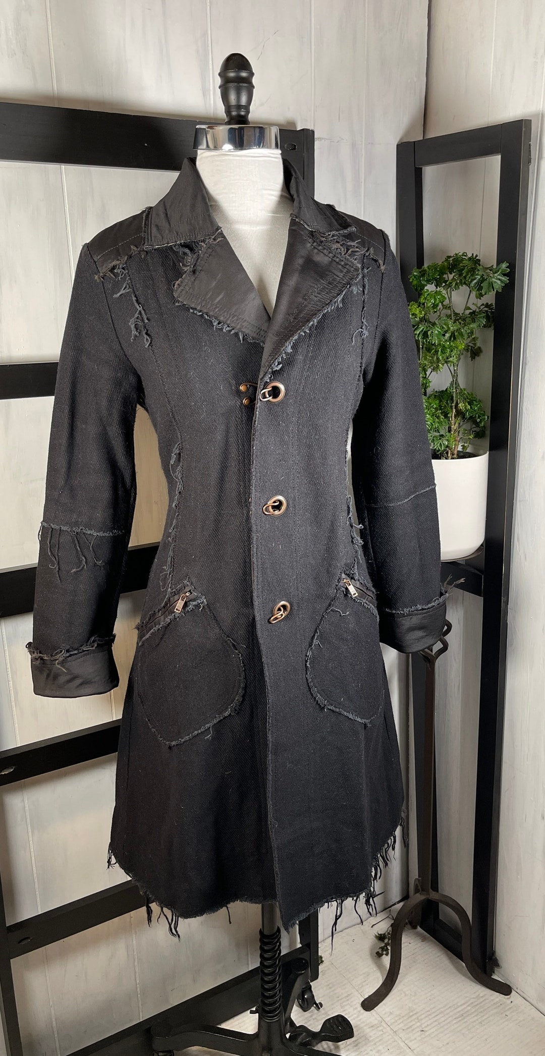 Retro Diesel Schwarz Ausfransen Wollmischung Langer Mantel