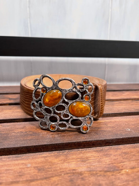 Sandy Duftler Wide Embossed Tan Leather Belt, Glass Beaded  display picture 2