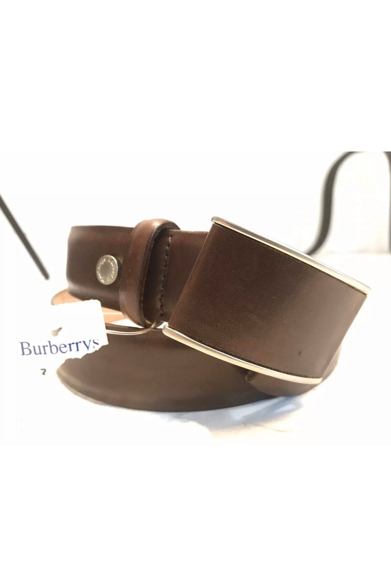 Vintage BURBERRY Brown Leather Belt, Brushed Nickle Buckle
