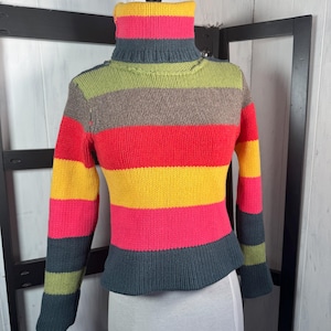 Retro Sonia Rykiel Turtleneck Thick 100% Wool Rainbow Striped Jumper, Size XS/Small