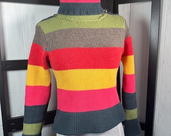 Retro Sonia Rykiel Turtleneck Thick 100% Wool Rainbow Striped Jumper, Size XS/Small
