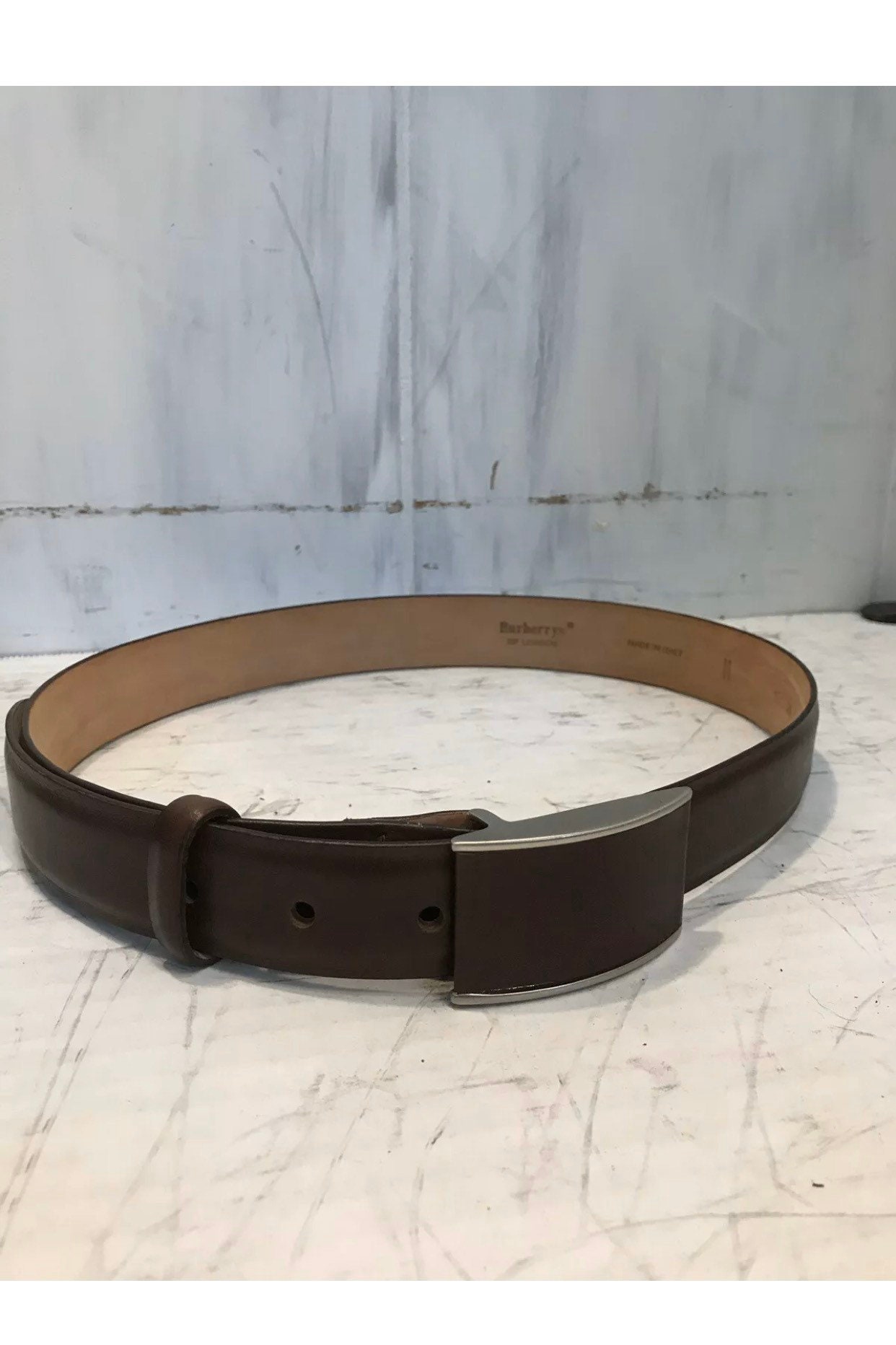 Vintage BURBERRY Brown Leather Belt, Brushed Nickle Buckle