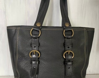 Vtg Coach Black Pebbled Leather Large Double Strap Tote, White contrast Stitching, brand new with care tag