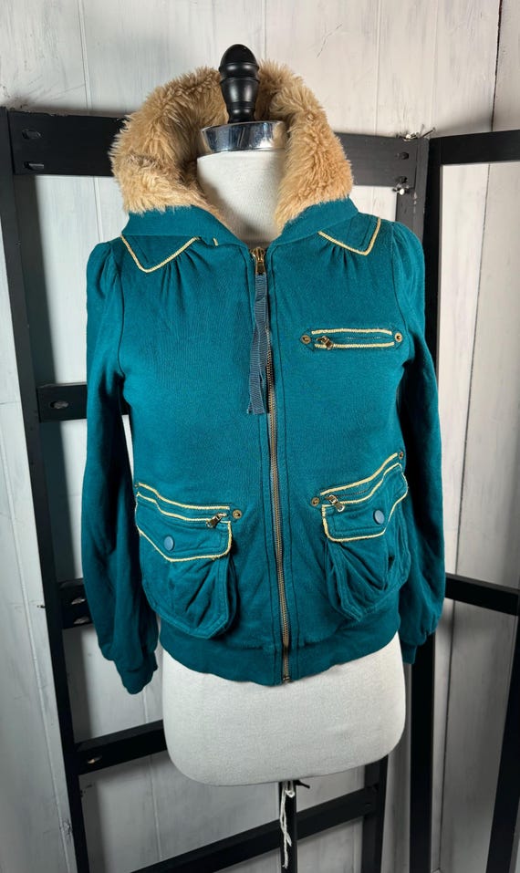 Y2k Marc Jacobs Teal Sherpa Hoodie, Faux Fur Trim, Small, MINT