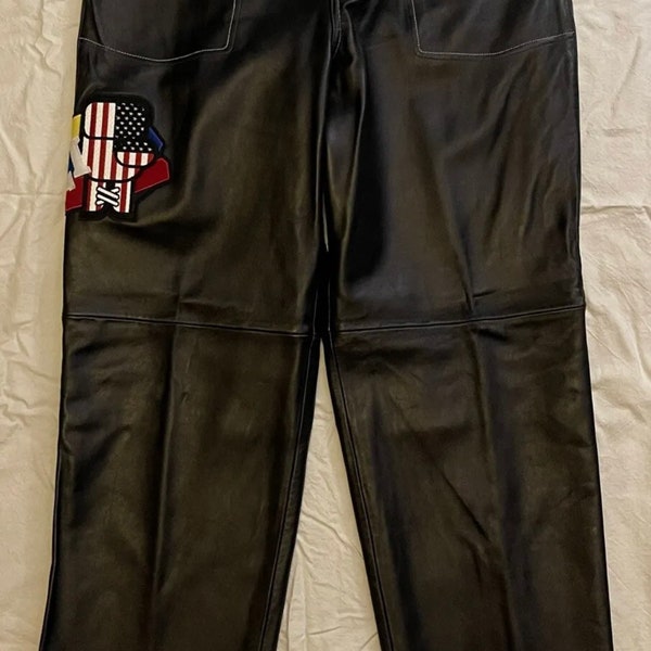 Retro FUBU Platinum Black Leather Muhammad Ali Embroidered Pants, 34”x34”, New Old Stock