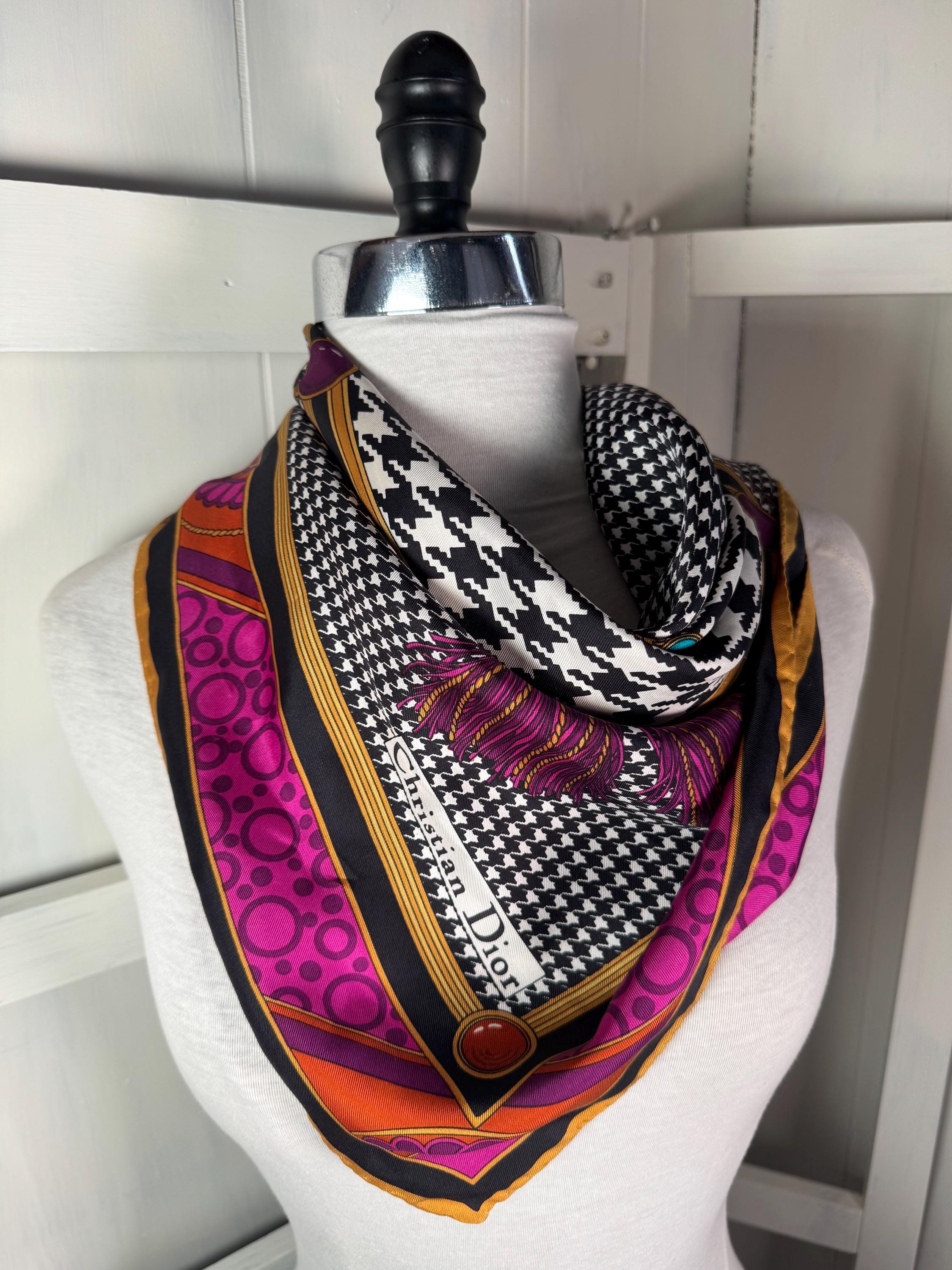 Vtg Christian Dior 100% Silk Scarf Houndstooth Gemstones Rope