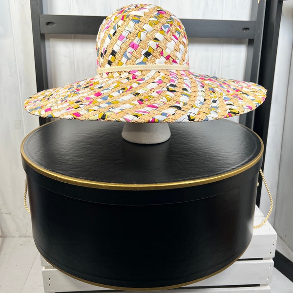 Emilio PUCCI Straw & Colorful Textile 6" Brim TROPHY Hat, Size Small, Outrageous