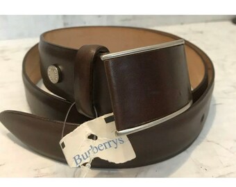 Vintage BURBERRY Brown Leather Belt, Brushed Nickle Buckle