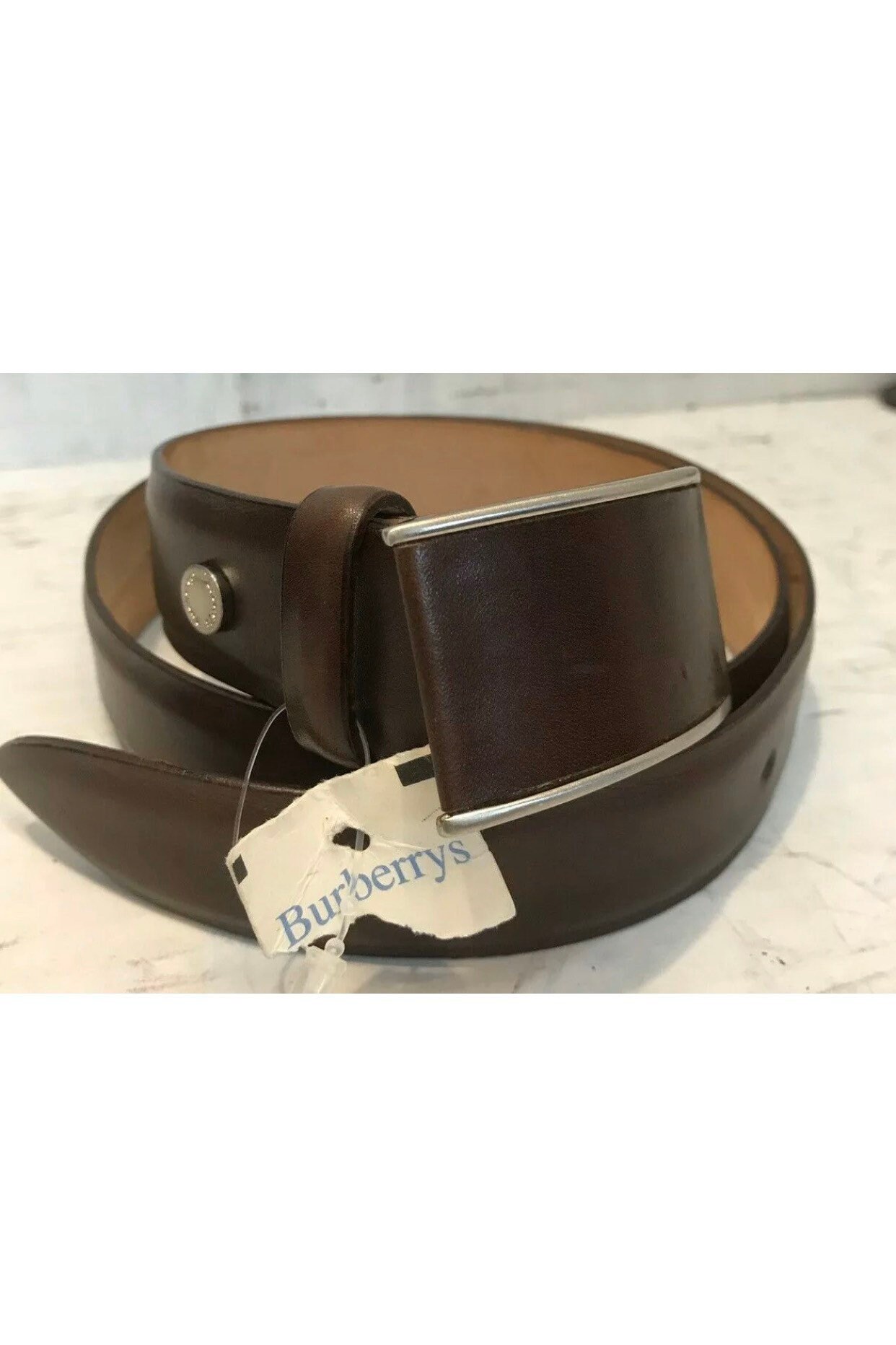Vintage BURBERRY Brown Leather Belt, Brushed Nickle Buckle