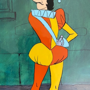 May include: Cartoon illustration of a man in a colorful jester costume. The character wears a red and orange hat, a ruffled collar, and a yellow and orange outfit. He has a long nose and a stern expression, with a sword at his side.