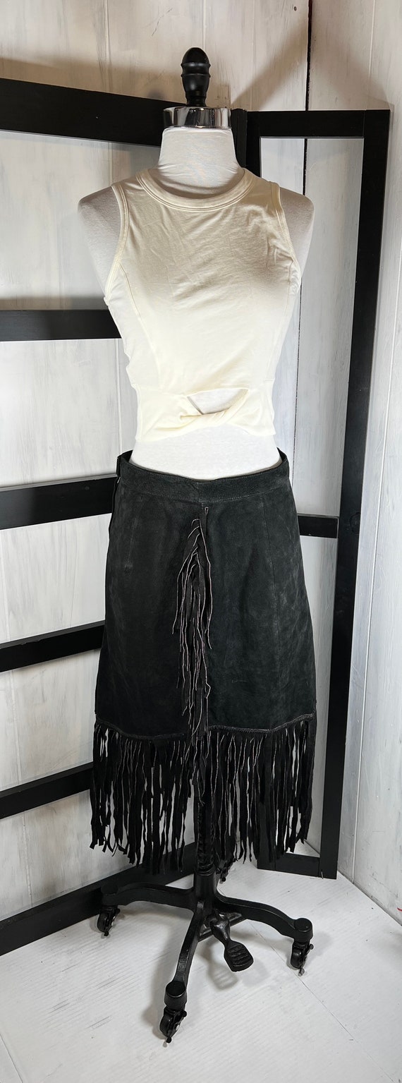 Vtg Global Identity Thick Black Suede Long FRINGE 