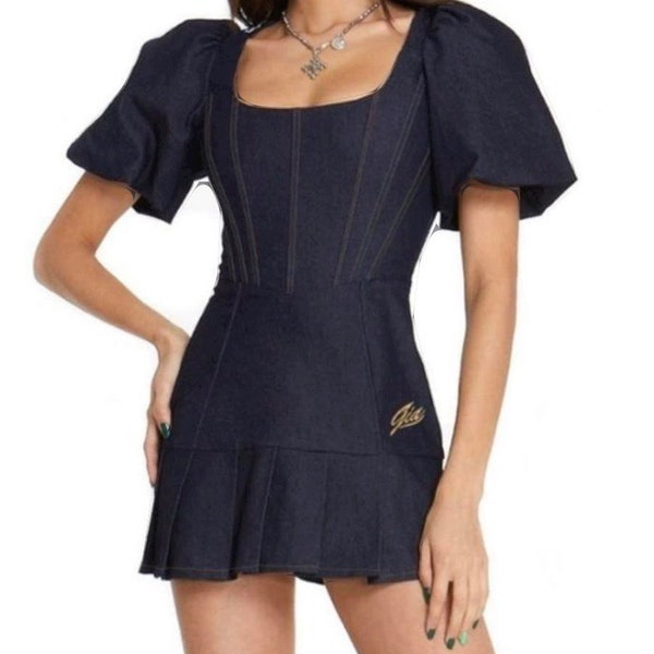 I.Am.Gia "Chelsey" Stretch Denim Boned Corset Dress, Puff Sleeves, Size Large, new!