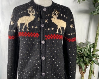 Hand Knit Cowichan Reindeer Intarsia Cardigan, Size XS/Small, MINT, Knockout!