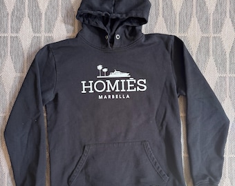 Sweat à capuche classique Homies Marbella pour hommes, noir, taille moyenne, 100 % coton fin menthe EUC. Cordon de serrage manquant, facilement remplaçable.