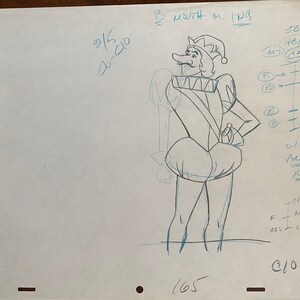 May include: A hand-drawn animation sketch of a cartoon jester in a Renaissance-style outfit. The jester is wearing a hat with bells, a ruffled collar, and puffy pants. The sketch includes notes and annotations in blue ink.