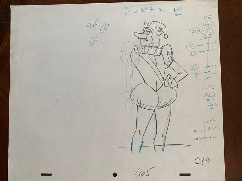 May include: A hand-drawn animation sketch of a cartoon jester in a Renaissance-style outfit. The jester is wearing a hat with bells, a ruffled collar, and puffy pants. The sketch includes notes and annotations in blue ink.