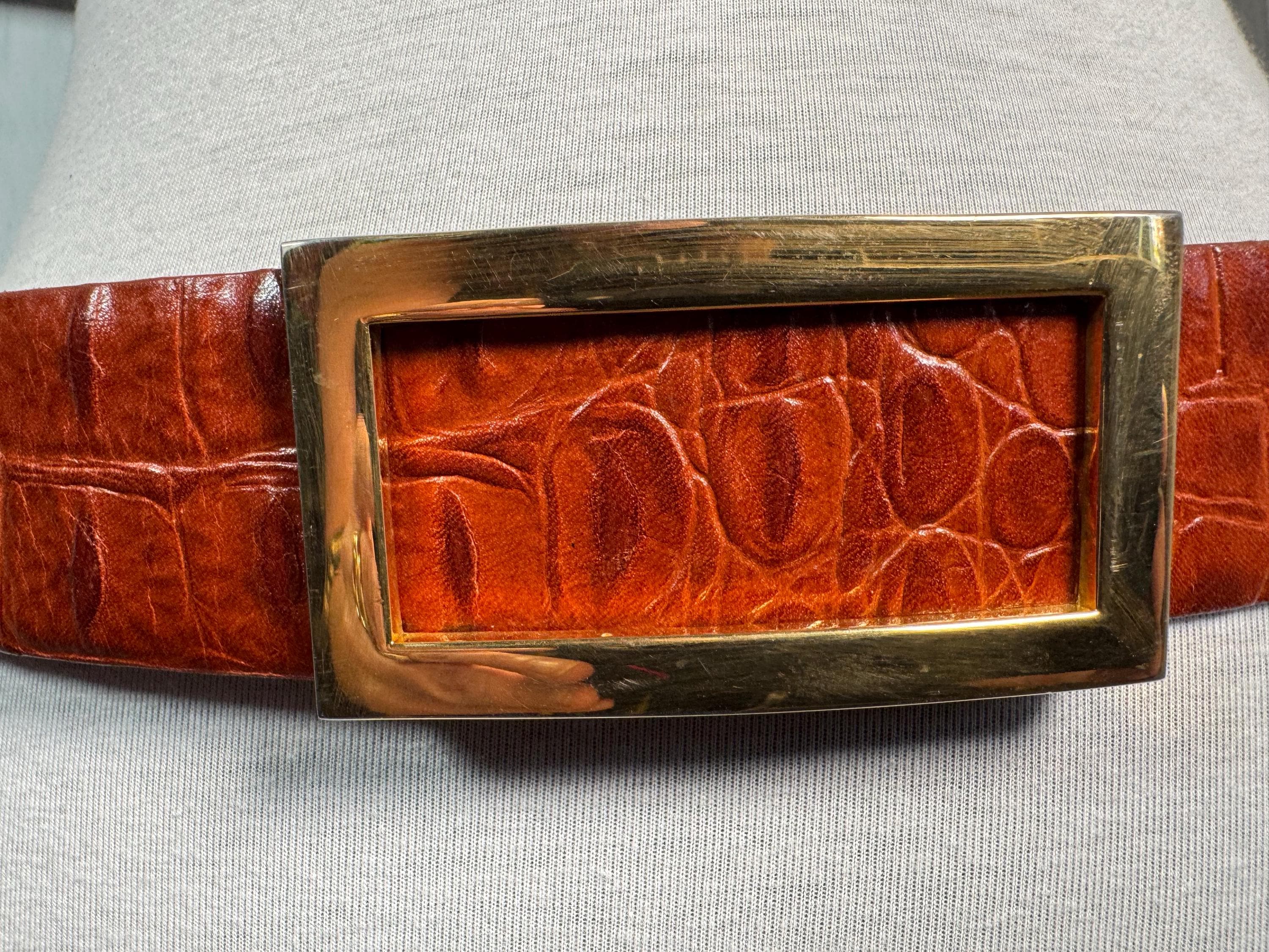 Vintage Cipriani Italian Alligator Calfskin Belt Brown Size S Cipriani Brown Italian Alligator Calfskin Belt Gold Buckle  main image 3