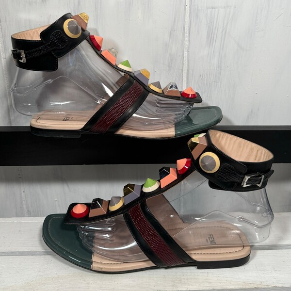 Fendi Multicolor Leather Studded Ankle T Strap Sandals, Size 35/5, Barely Worn
